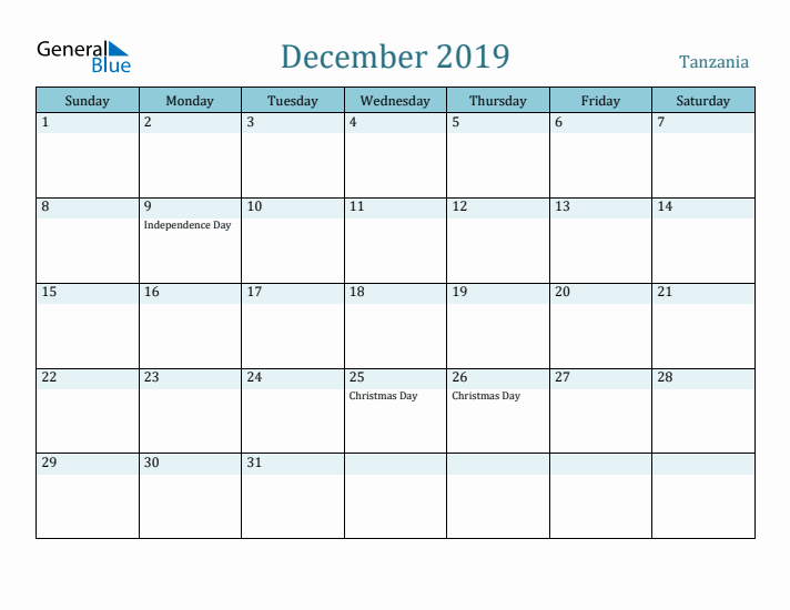 December 2019 Calendar with Holidays