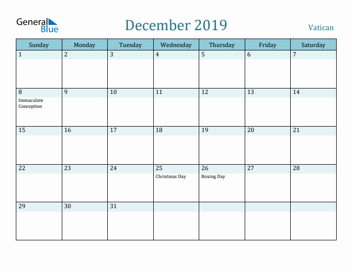 December 2019 Calendar with Holidays