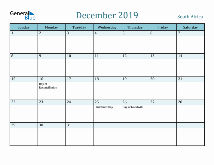 December 2019 Calendar with Holidays