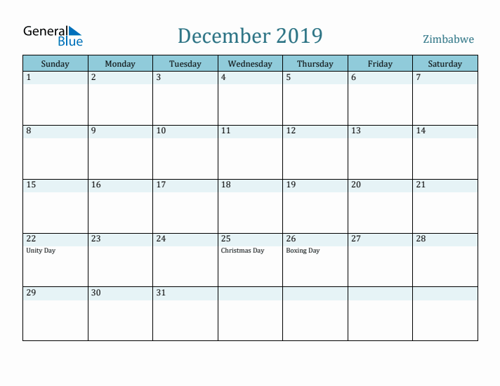 December 2019 Calendar with Holidays