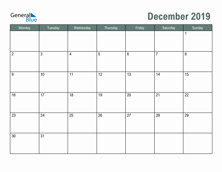 Free Printable December 2019 Calendar