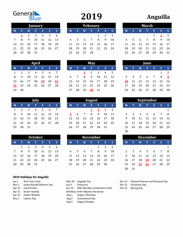 2019 Anguilla Holiday Calendar