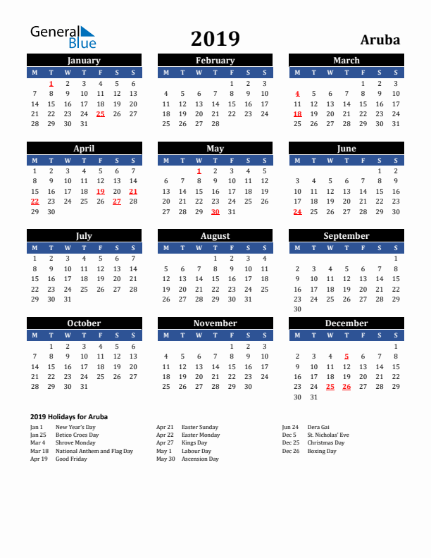 2019 Aruba Holiday Calendar