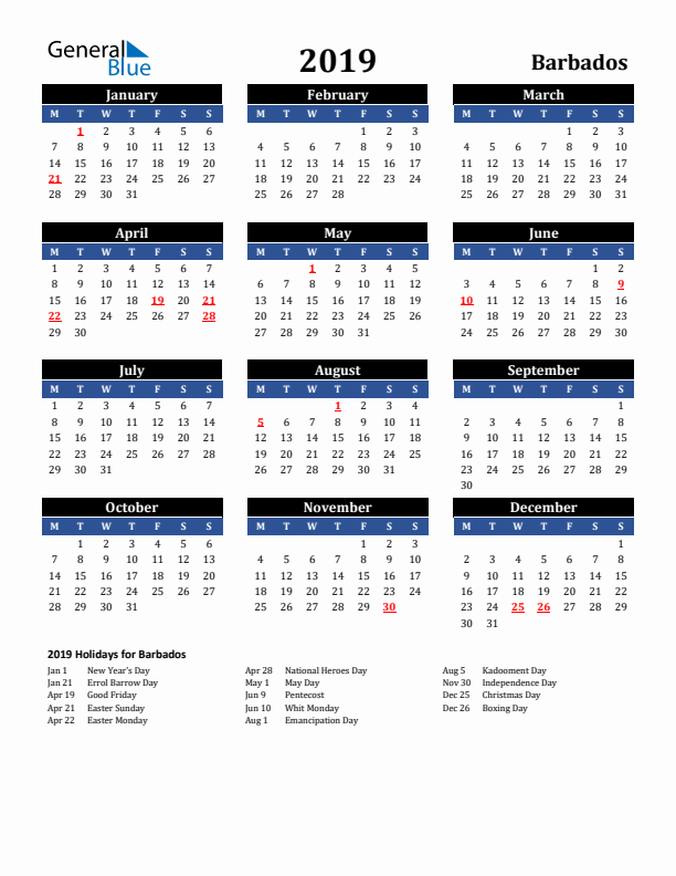 2019 Barbados Holiday Calendar