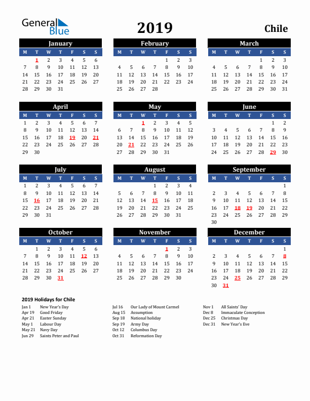 2019 Chile Holiday Calendar