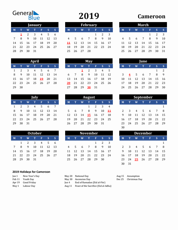 2019 Cameroon Holiday Calendar