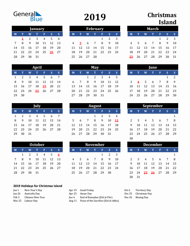 2019 Christmas Island Holiday Calendar