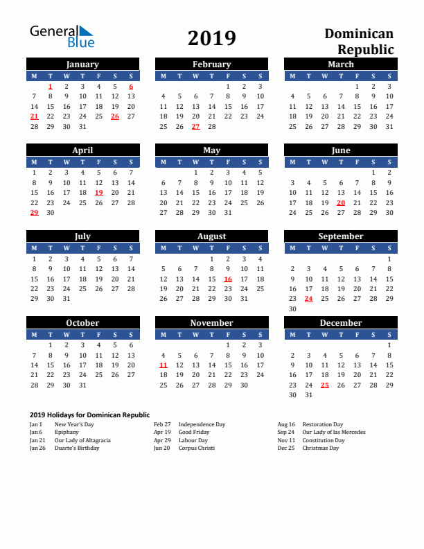 2019 Dominican Republic Holiday Calendar