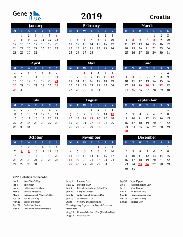 2019 Croatia Holiday Calendar