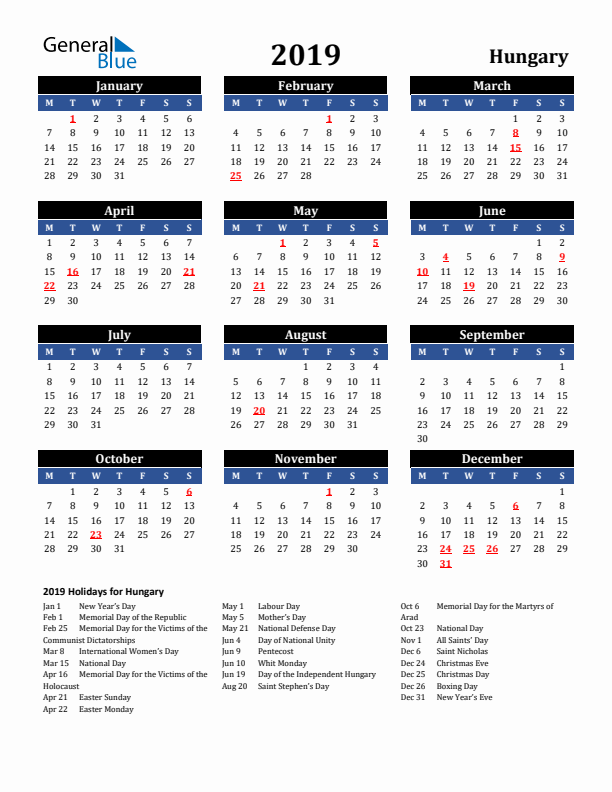 2019 Hungary Holiday Calendar