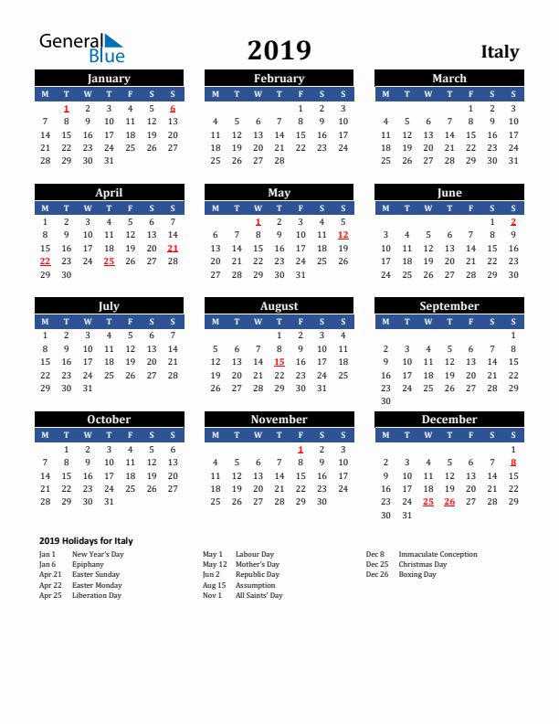 2019 Italy Holiday Calendar