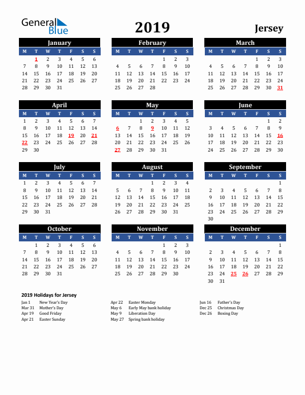 2019 Jersey Holiday Calendar