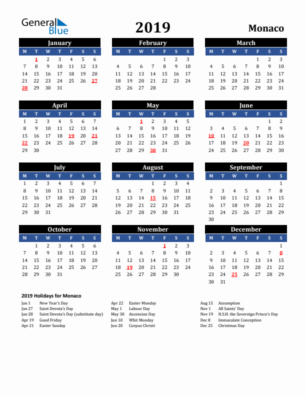 2019 Monaco Holiday Calendar