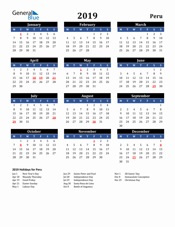 2019 Peru Holiday Calendar