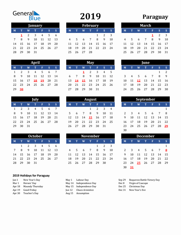 2019 Paraguay Holiday Calendar