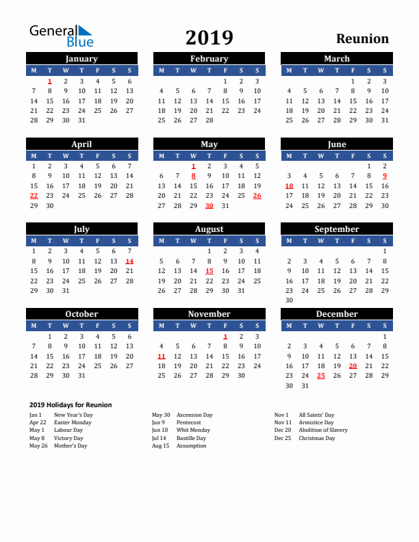 2019 Reunion Holiday Calendar