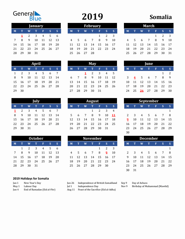 2019 Somalia Holiday Calendar