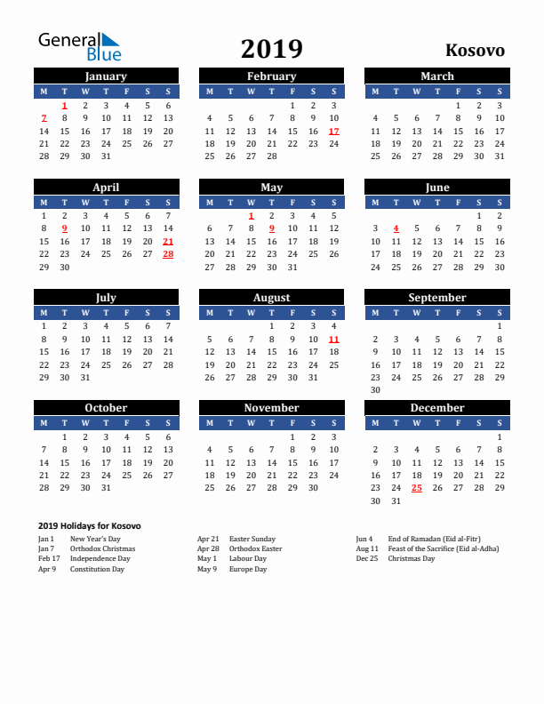 2019 Kosovo Holiday Calendar