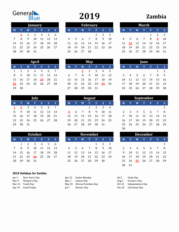 2019 Zambia Holiday Calendar