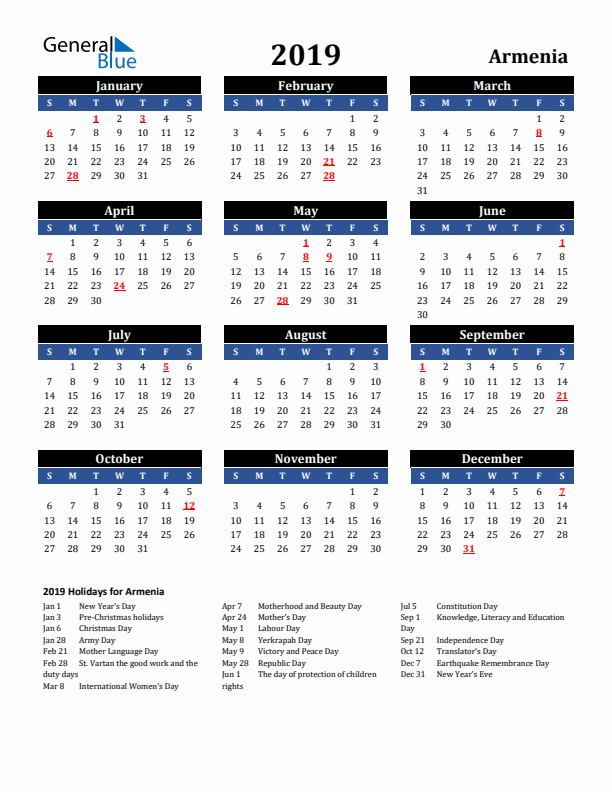 2019 Armenia Holiday Calendar