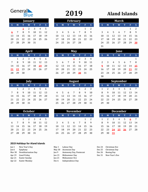 2019 Aland Islands Holiday Calendar