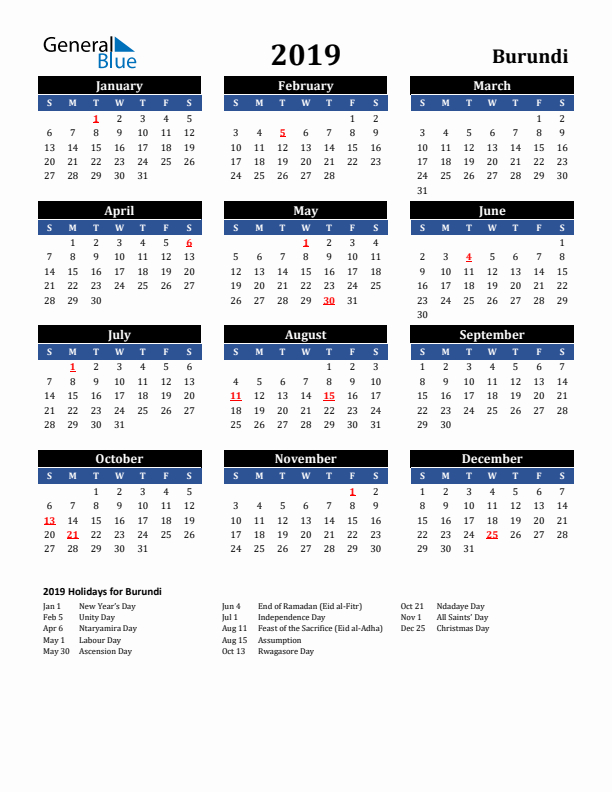 2019 Burundi Holiday Calendar