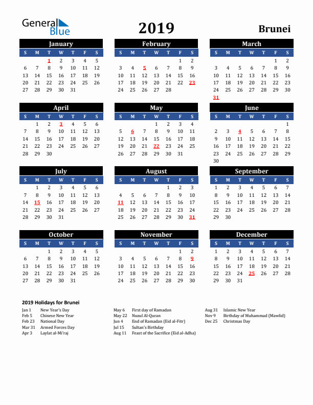 2019 Brunei Holiday Calendar