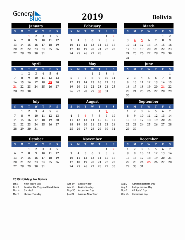 2019 Bolivia Holiday Calendar