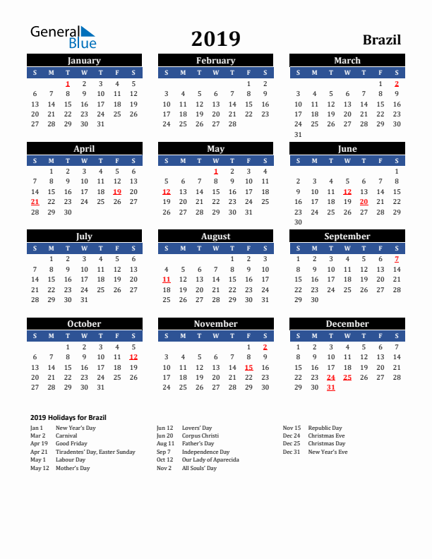 2019 Brazil Holiday Calendar