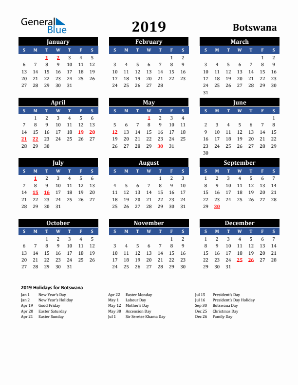 2019 Botswana Holiday Calendar