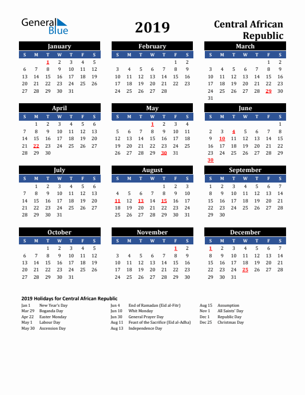 2019 Central African Republic Holiday Calendar