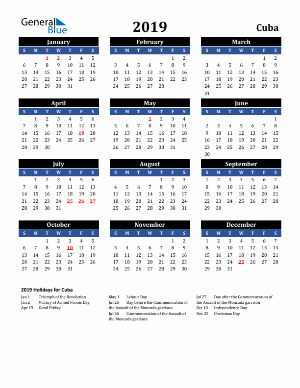 2019 Cuba Holiday Calendar