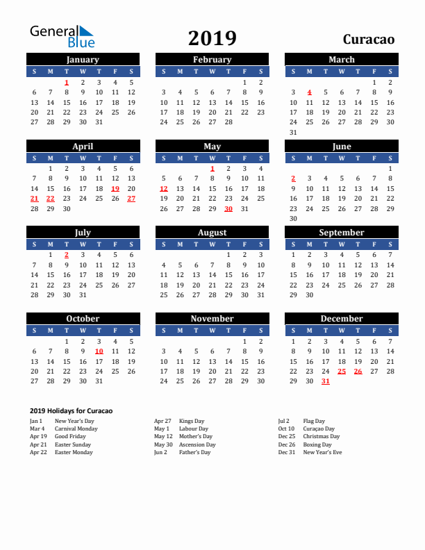 2019 Curacao Holiday Calendar