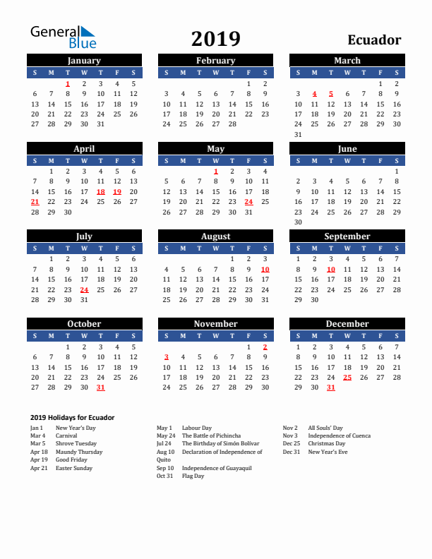 2019 Ecuador Holiday Calendar