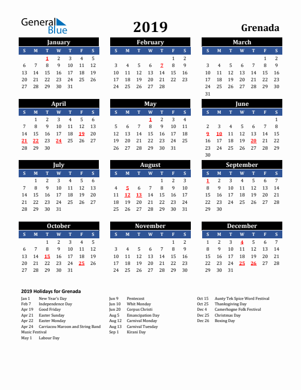 2019 Grenada Holiday Calendar