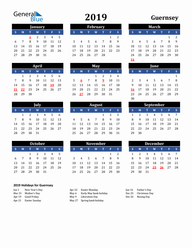 2019 Guernsey Holiday Calendar