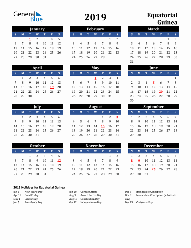 2019 Equatorial Guinea Holiday Calendar