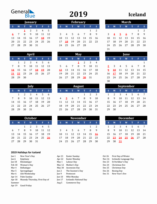 2019 Iceland Holiday Calendar