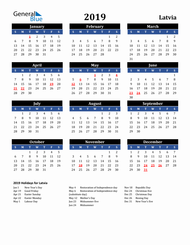 2019 Latvia Holiday Calendar