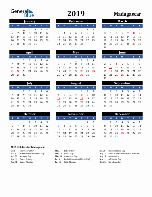 2019 Madagascar Holiday Calendar