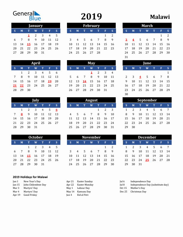 2019 Malawi Holiday Calendar