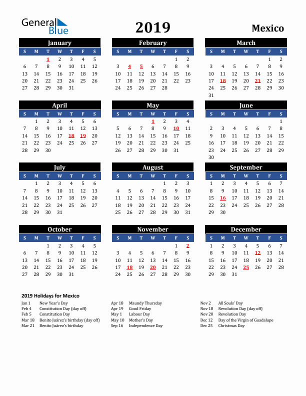 2019 Mexico Holiday Calendar