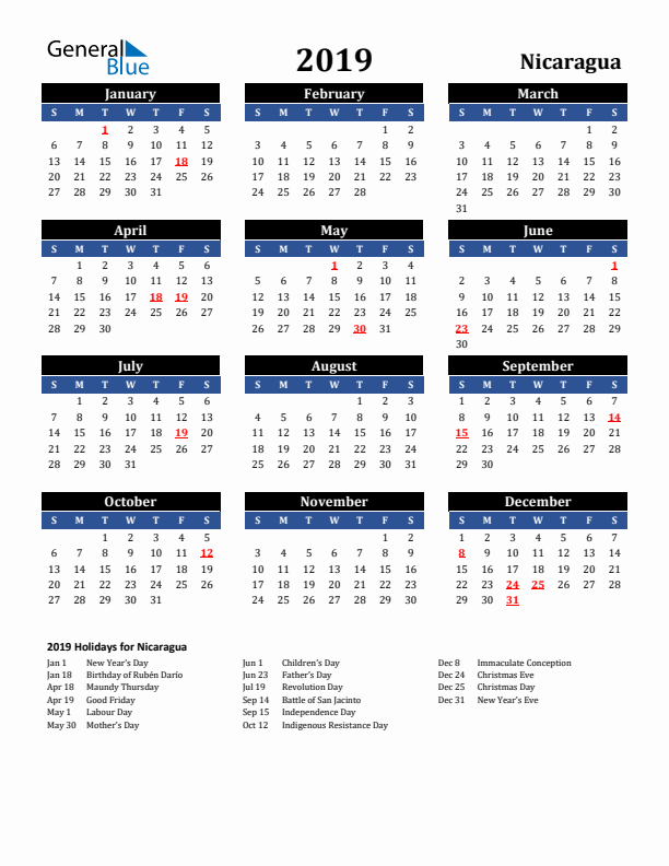 2019 Nicaragua Holiday Calendar