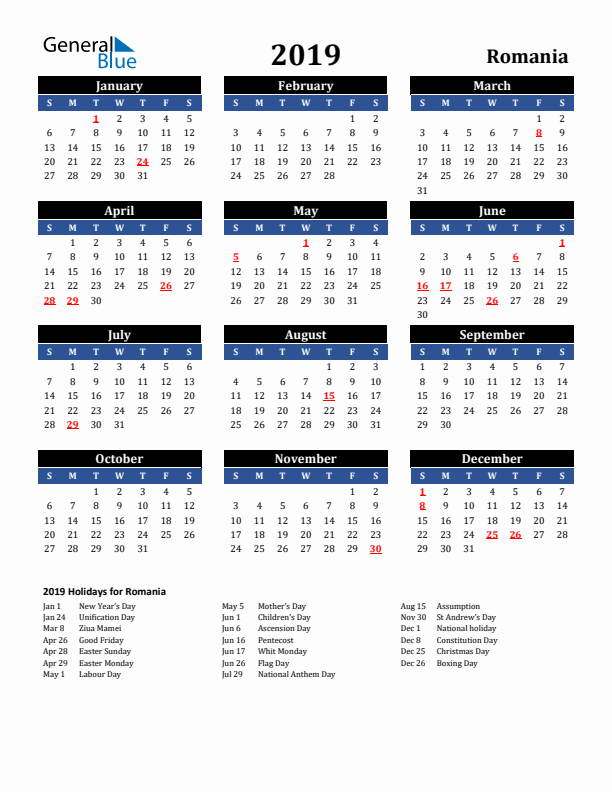 2019 Romania Holiday Calendar