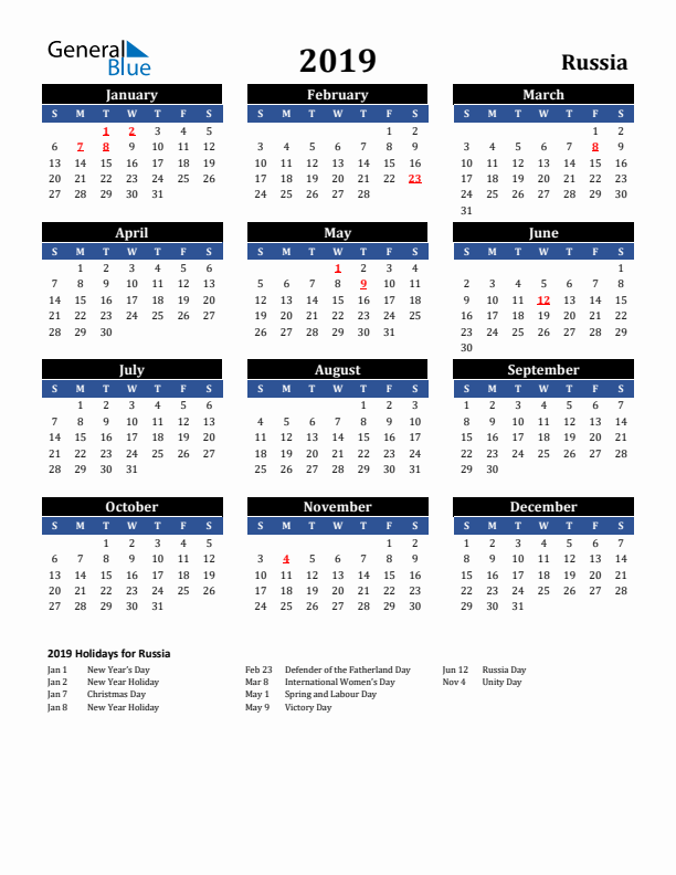 2019 Russia Holiday Calendar