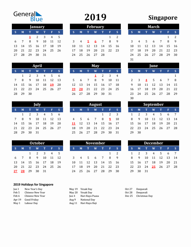 2019 Singapore Holiday Calendar