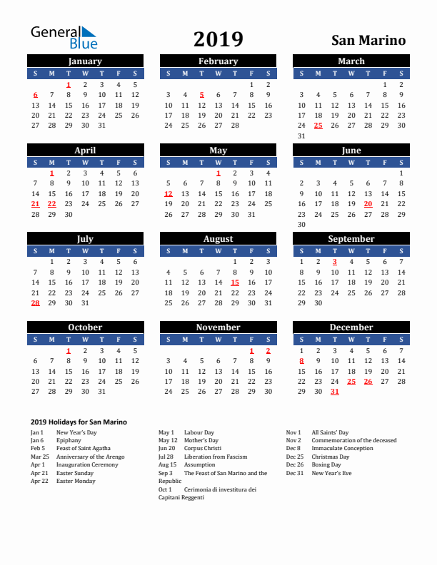 2019 San Marino Holiday Calendar