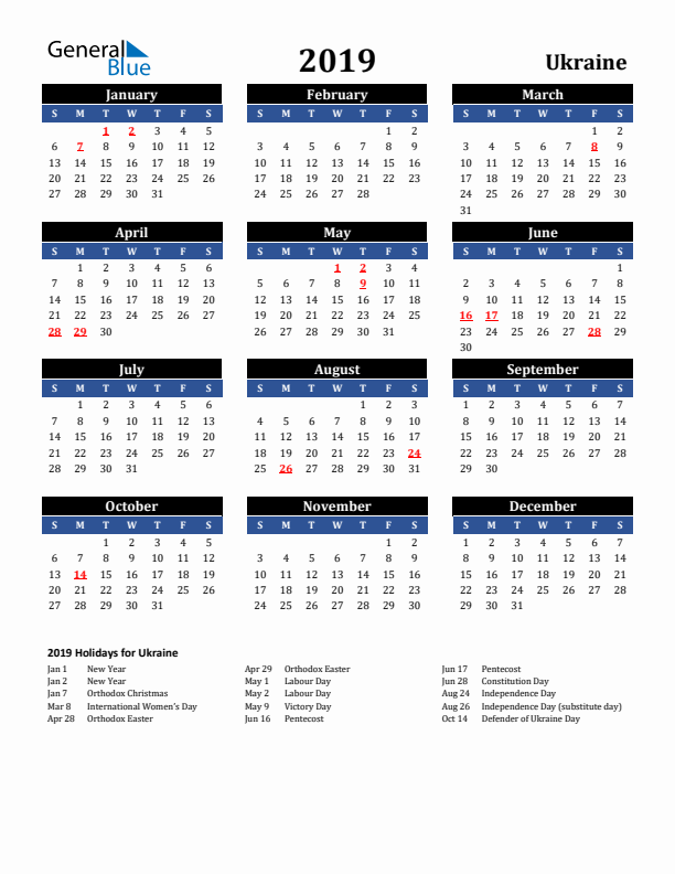 2019 Ukraine Holiday Calendar