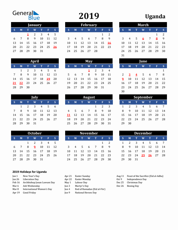 2019 Uganda Holiday Calendar