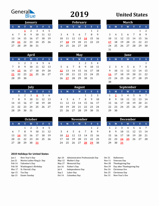 2019 United States Holiday Calendar